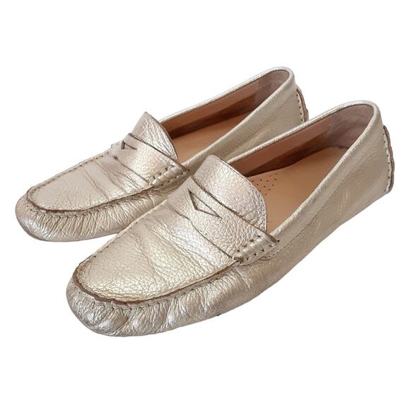Cole Haan Leather Penny Loafers Gold Metallic Driving Flats Womens 6.5B Comfort - Picture 1 of 10